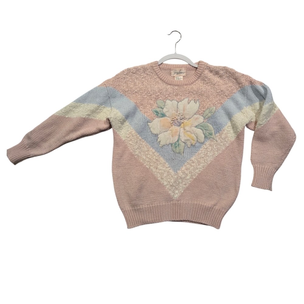 VINTAGE Jaclyn Smith Pastel Sweater Pearl Beading Embroider applique